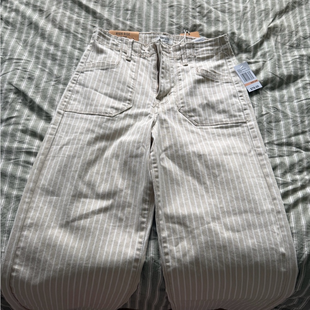 Kensie Beige and White Striped Wide-Leg Pants